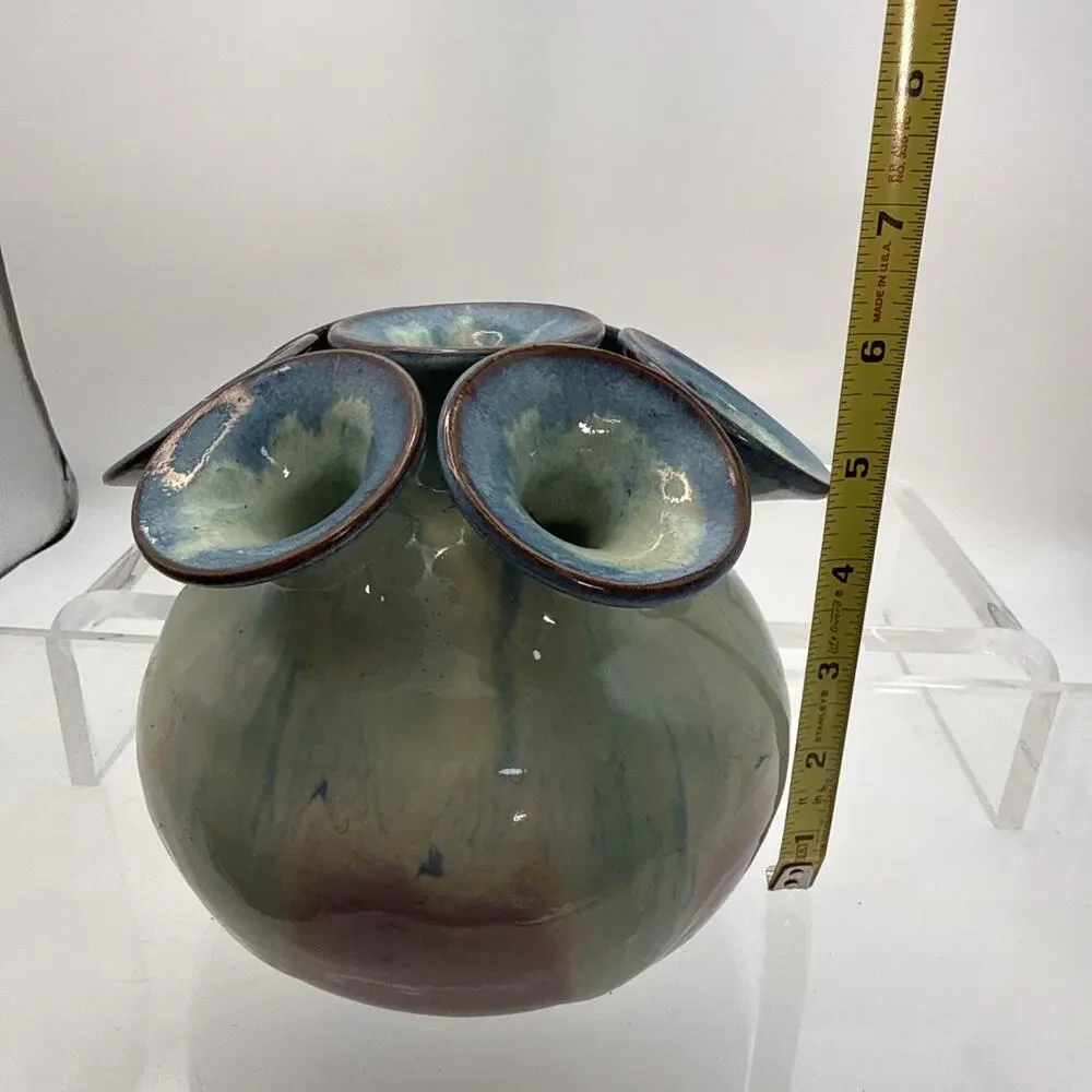 Ikebana Studio Pottery Signed Lee Mid Century Modern 7 Hole Vase Vessel Pastels